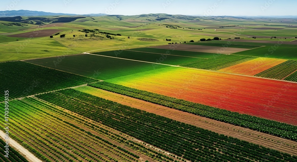 Fototapeta premium Scenic Aerial View of Colorful Fields and Rolling Hills Landscape