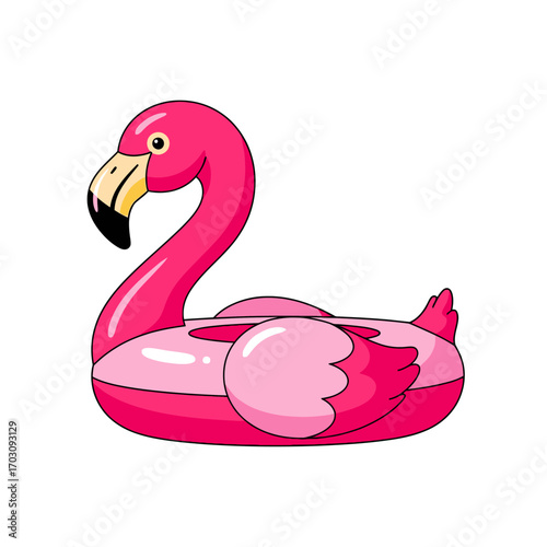 Vibrant pink cartoon flamingo inflatable pool float with yellow beak and black tip, summer fun accessory.