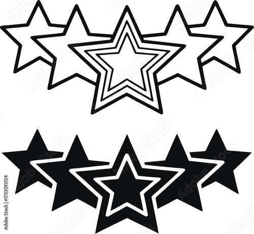 Star Icons. Black and White Vector Illustration. Five Stars, Competition Rating, Top Score. Reward Concept

