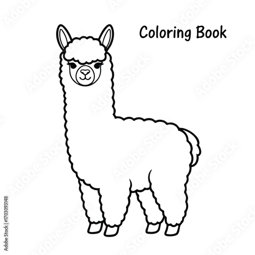Black and white line drawing of a fluffy alpaca for a children's coloring book with simple clear outlines