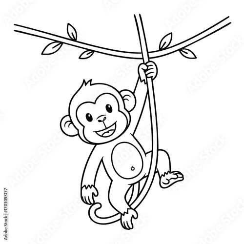 Cute cartoon monkey swinging happily on a leafy tree branch in a playful and joyful pose illustration