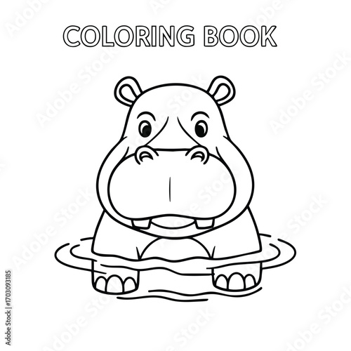 Black and white line drawing of a hippopotamus partially submerged in water for a children's coloring book page