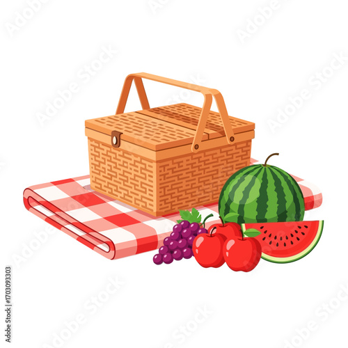A classic cartoon picnic set with a woven wicker basket, red gingham blanket, and fresh summer fruit.