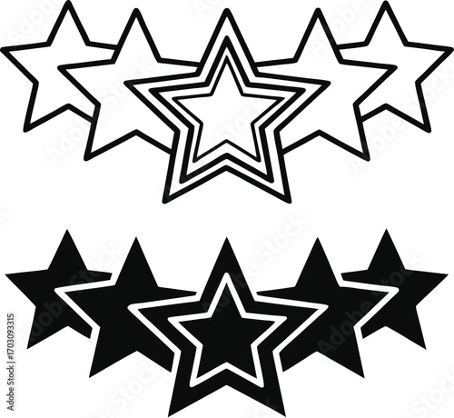 Star Icons. Black and White Vector Illustration. Five Stars, Competition Rating, Top Score. Reward Concept

