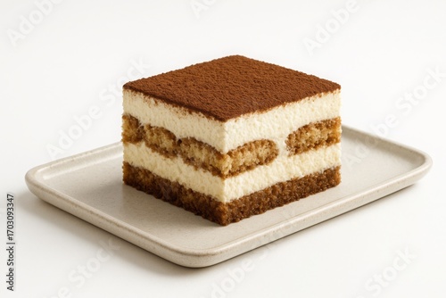 A square slice of tiramisu cake on a plate, dusted with cocoa powder.