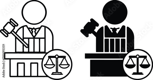 Judge Icons. Black and White Vector Illustrations. Judge, Gavel, and Scales. Official Who Considers and Resolves Civil, Criminal, and Administrative Cases. Justice Concept

