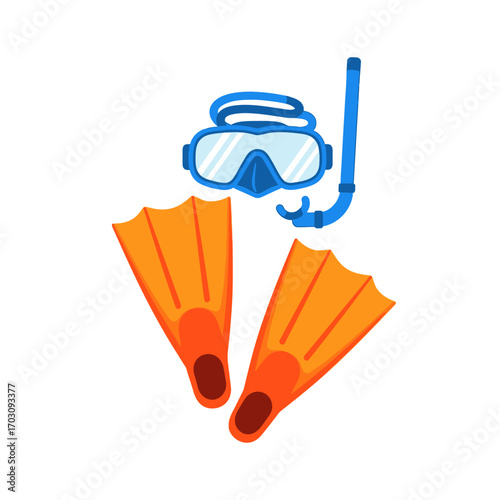 Cartoon Snorkeling Gear Set with Blue Mask, Snorkel, and Orange Flippers.
