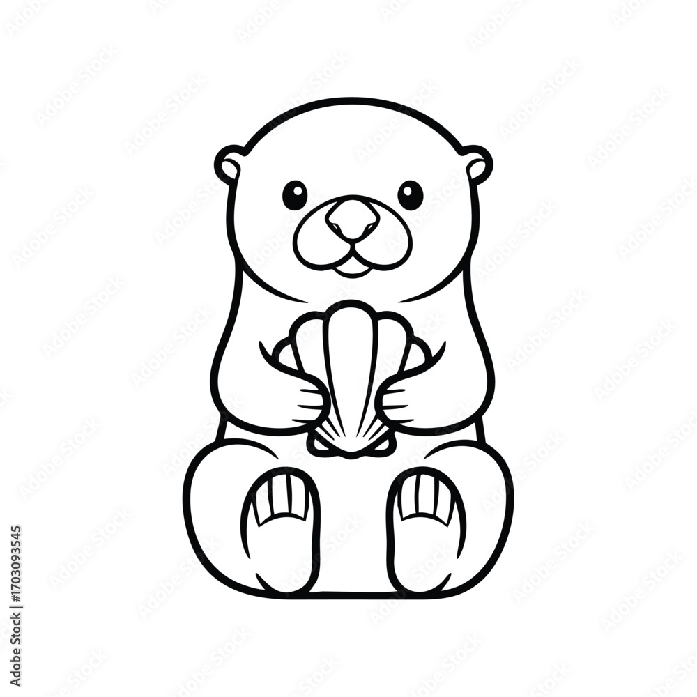 Naklejka premium Cute cartoon-style otter holding a seashell sitting upright with a friendly and simple black line drawing design