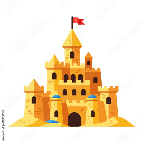 Detailed Illustration of a Grand Sandcastle with Towers and Flag.