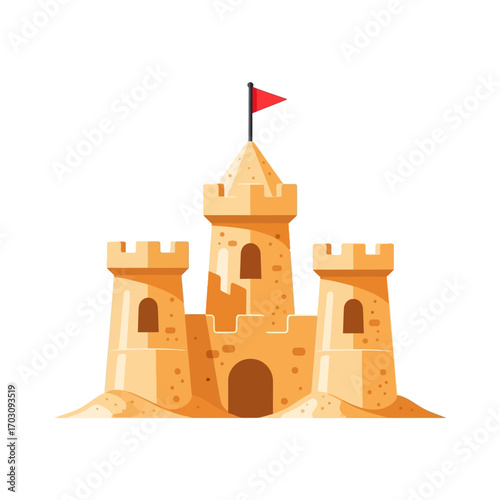 Detailed Sandcastle with Red Flag and Multiple Towers.
