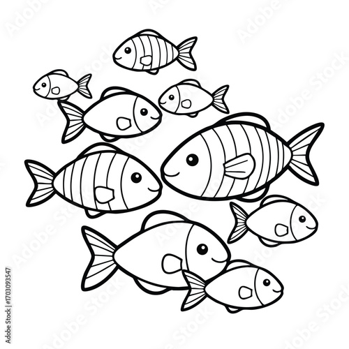 Black and white line drawing of a group of nine cartoon fish swimming together in a simple aquatic design