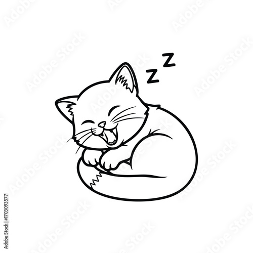 Black and white line drawing of a happy sleeping cat curled up with zzz symbols indicating peaceful rest