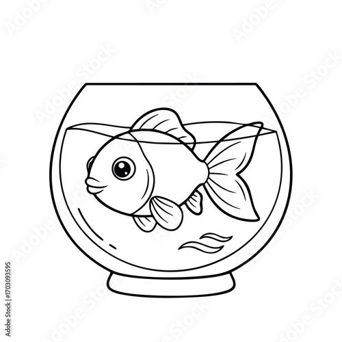 A cute cartoon goldfish swimming inside a round fishbowl filled with water and simple decorative elements