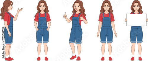 Young woman in red shirt and blue overalls showing different poses, gestures, holding blank sign, casual outfit, positive expressions