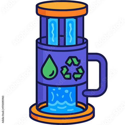 Eco-friendly water recycling technology concept. An illustration of a purification device showing the process of creating clean, sustainable water