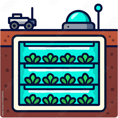 Conceptual illustration of an underground vertical farm for sustainable food cultivation, vital for future space colonization or extraterrestrial habitats, with a surface rover