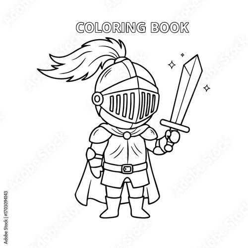 Illustration of a medieval knight in armor holding a sword with a plume on the helmet in a coloring book style