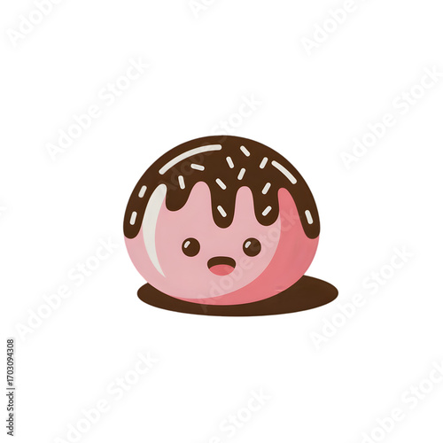 Adorable cartoon mochi with chocolate topping and sprinkles