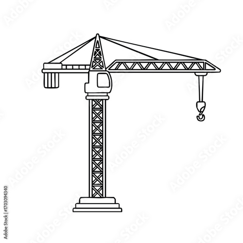 Detailed black and white line drawing of a tower crane used for lifting heavy materials on construction sites with a hook and lattice structure