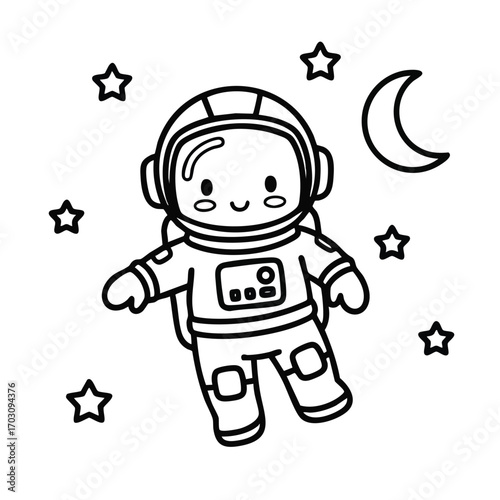 Cute cartoon astronaut floating in space surrounded by stars and a crescent moon in a black and white line art style