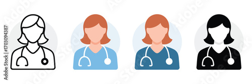 Woman doctor line style icon vector set