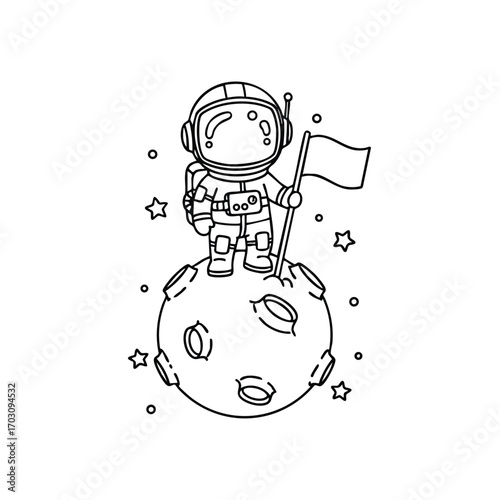 Cartoon astronaut standing on a small cratered planet holding a flag surrounded by stars in outer space