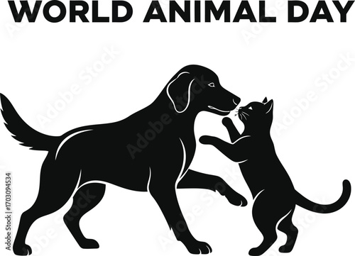 World animal day illustration with a dog and a cat playing