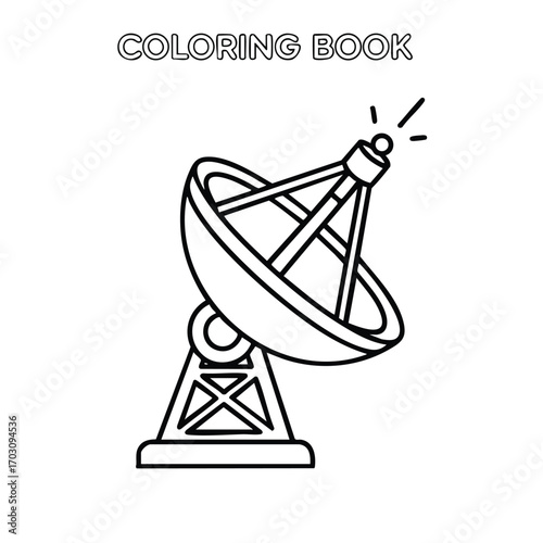 Black and white line art of a satellite dish antenna for coloring book activities and educational purposes