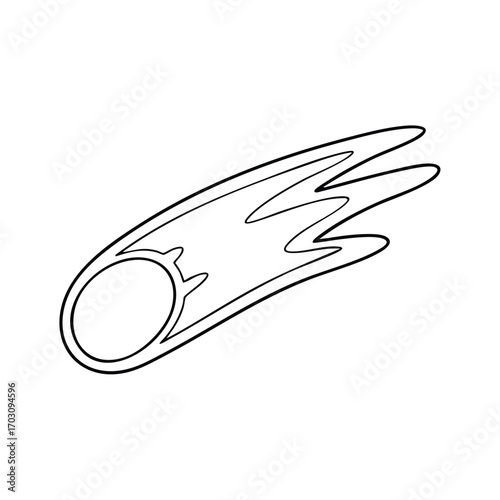 Black and white line art illustration of a comet with a round nucleus and elongated fiery tail streaking through space