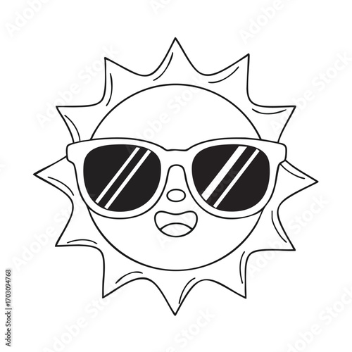 Smiling sun character wearing stylish sunglasses with rays extending outward in a cheerful cartoon style