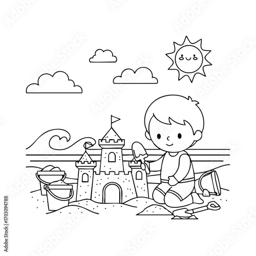 A young child happily building an elaborate sandcastle on the beach with buckets and shovels under a smiling sun