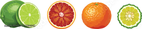 Fresh citrus fruits including lime, blood orange, tangerine, and bergamot, healthy organic produce, vibrant natural food, juicy tropical fruit collection, vitamin-rich citrus variety