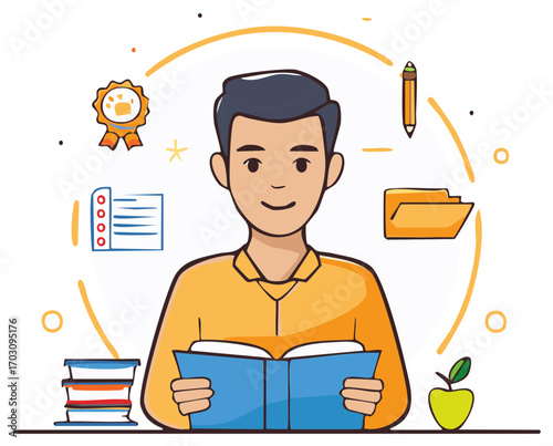 Man reading a book surrounded by stationery items and an apple. Education concept with a hand drawn style.