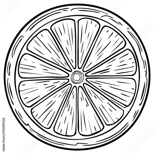 Detailed Outline Drawing of a Citrus Fruit Slice with Segments and Center.