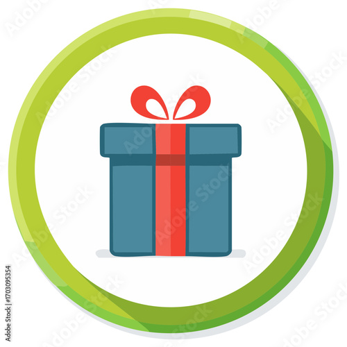 Vibrant Blue Gift Box with Red Ribbon and Bow in a Bright Green Circular Icon Illustration for Celebrations