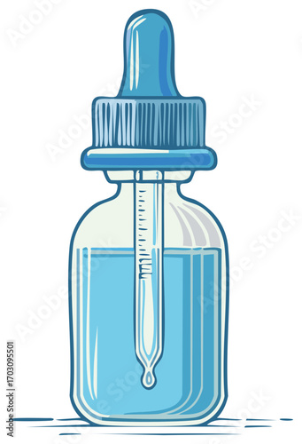 Cartoon Style Illustration of Blue Medicine Bottle with Dropper Filling Dose Measurement, Healthcare