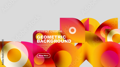 Abstract geometric background features vibrant pinks, oranges, yellows. Text promotes creative content, includes call to action.