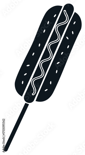 Black Silhouette Corn Dog with Mustard on a Stick Icon for Fast Food or Fair Snack Menu