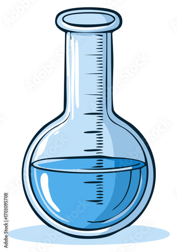 Cartoon illustration of science beaker with blue liquid for education or experiment. Laboratory equipment for scientific research