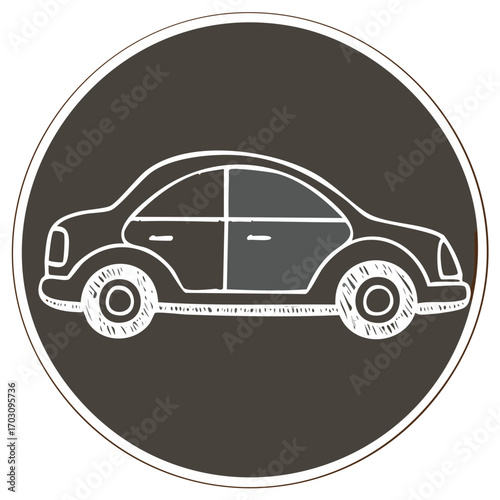 Hand Drawn Automotive Graphic - Vector Car Illustration within a Simple Circular Frame