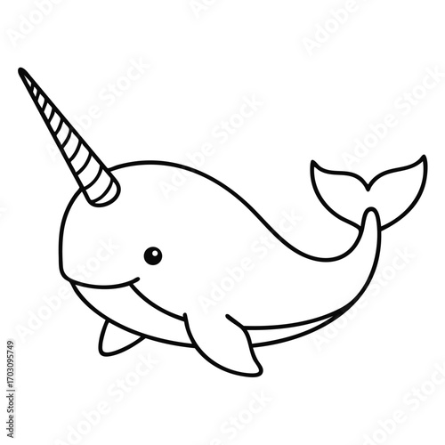 Cute black and white line drawing of a smiling narwhal with a long twisted tusk and small fins in simple style