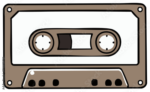 Cartoon illustration of a cassette tape, vintage audio, music technology.