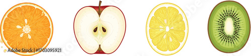 Fresh colorful fruit slices collection including orange, apple, lemon, and kiwi, juicy and vibrant healthy food illustration, tropical and citrus fruits, natural vitamin rich snack art