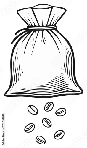 Fresh coffee beans spilling from a tied bag rustic line art drawing