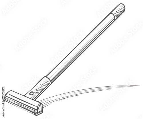 Stylized line drawing of a floor squeegee with a long handle and a curved shadow effect.