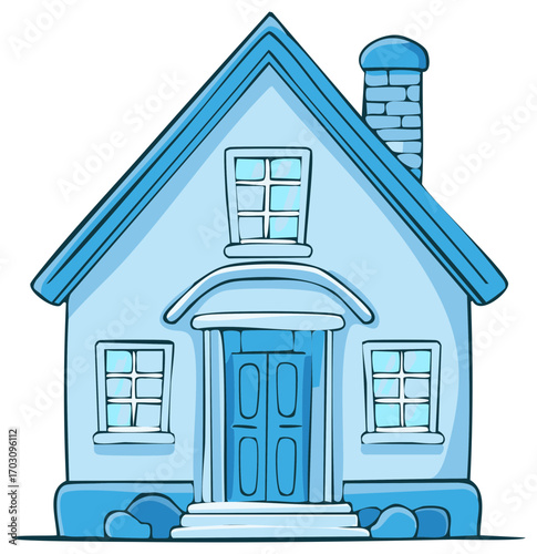 Charming Cartoon Blue House with Chimney and Multiple Windows