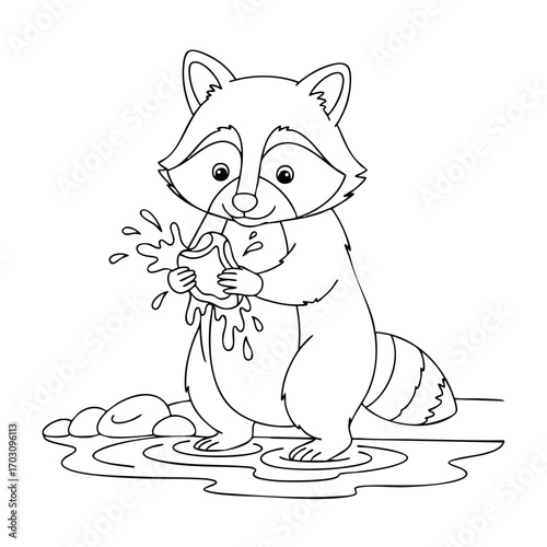 A cute raccoon standing in a shallow puddle holding and eating a dripping fruit with rocks nearby in a simple outline style