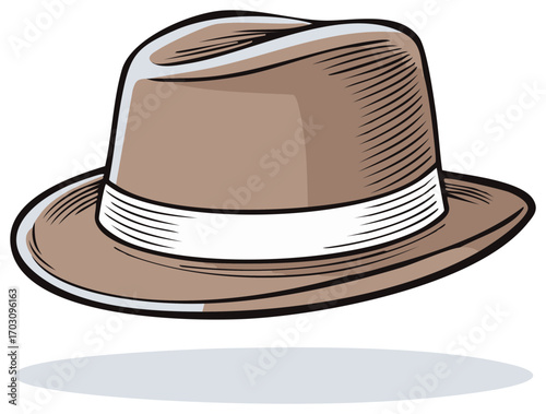 Illustration of a Classic Fedora Hat with a White Band and Detailed Shading