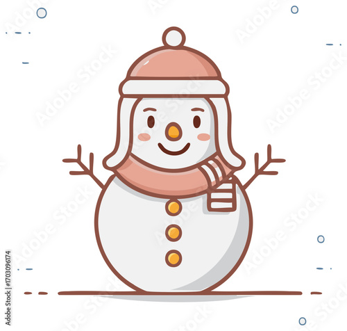 Cute cartoon snowman wearing a pink hat and scarf with stick arms during winter