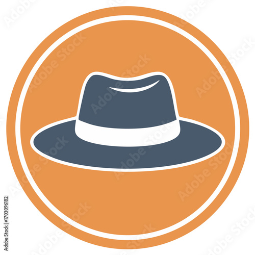 Flat icon of a gray fedora hat with a white band inside an orange circle